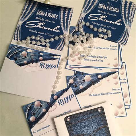 How It Began Denim And Pearls Customized Invitations Pearl Birthday Party Diamonds And Denim
