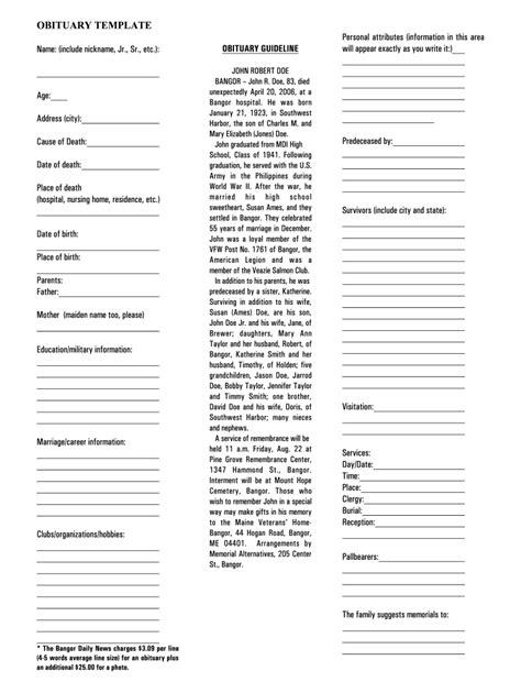 Fill In The Blank Obituary Template