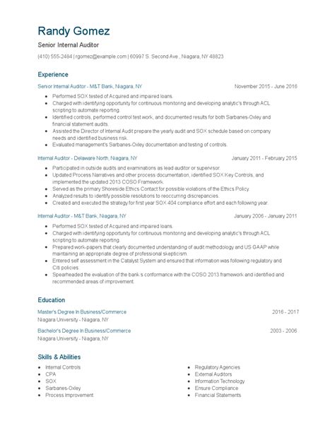 Other popular free cv formats. Senior Internal Auditor Resume Examples and Tips - Zippia