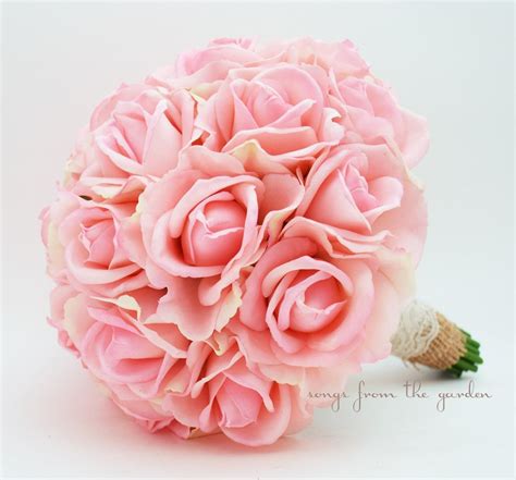 Pink Real Touch Roses Burlap And Lace Wedding Bouquet Silk Flower Wedding