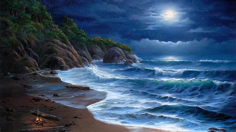 Hd Wallpaper Wave Shore Beach Night Moonlight Sea Fantasy Art