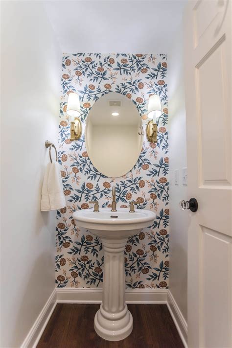 Powder Bathroom With Floral Wallpaper And Gold Faucet Jkath Design