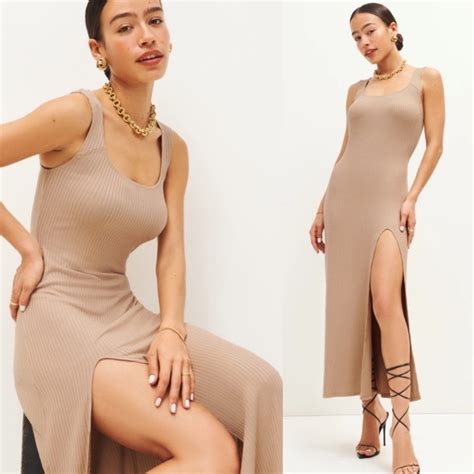 Reformation Dresses Reformation Bliss Nude Ribbed Slit Midi Maxi