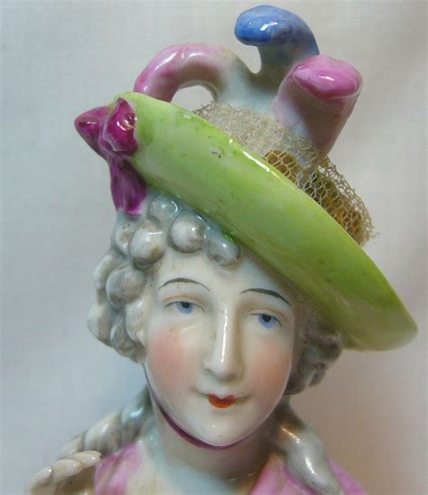 Large German Glazed Porcelain China Arm Away Half Doll With Plumed