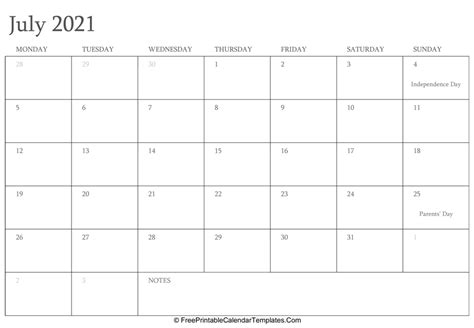 Here we are providing several formats of editable 2021 printable template like pdf, word, excel, png, jpg, or landscape and portrait. July 2021 Editable Calendar with Holidays and Notes