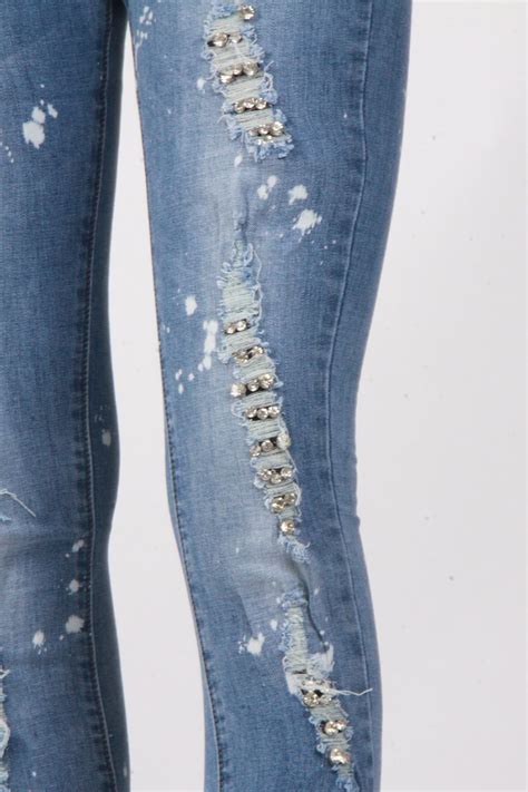 Ripped Diamante Jewel Detail Skinny High Waist Jeans Urban Mist Uk