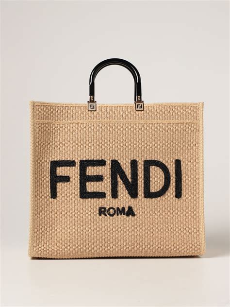Fendi Sunshine Bag In Woven Straw With Big Roma Logo Natural Fendi
