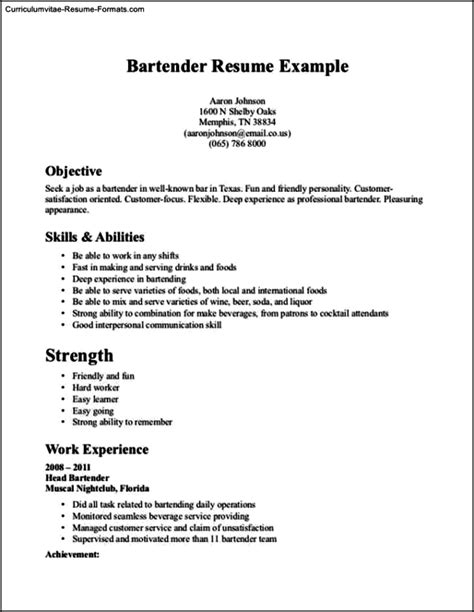 Resume Template Bartender Free Samples Examples And Format Resume