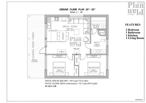 Cabin Floor Plan 2 Bed 1 Bath 30x30 Modern House Plan 699 Sqm Etsy