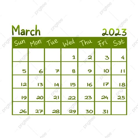 Handwriting Calendar 2023 March Green Theme 2023 Calendar March Png