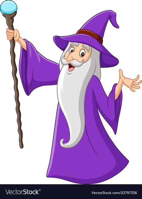 Cartoon Old Wizard Holding Magic Stick Royalty Free Vector Happy