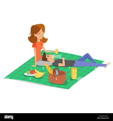 Vector Cartoon Style Illustration Of Young Happy Couple Having Picnic