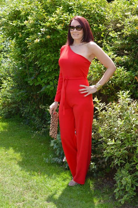 Red One Shoulder Jumpsuit With Leopard Print Accessories Style With A