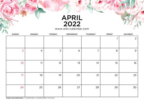 Printable Monthly Calendar April 2022 Free Printable Academic