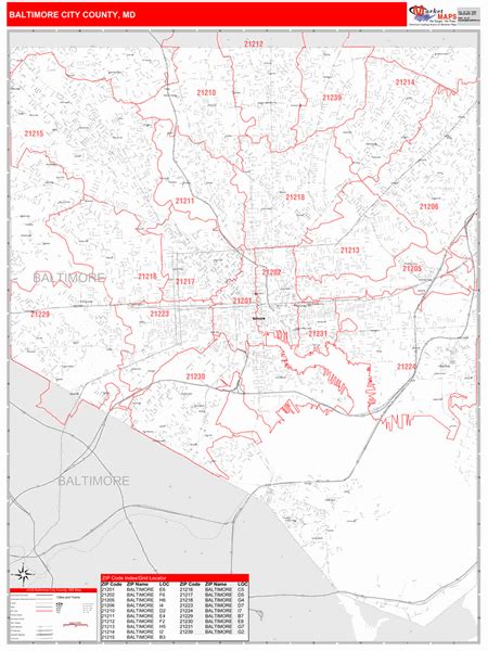 Baltimore City County MD Zip Code Wall Map Red Line Style By MarketMAPS MapSales