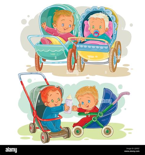 Set Of Vector Clip Art Illustrations Of Little Kids In A Baby Carriage