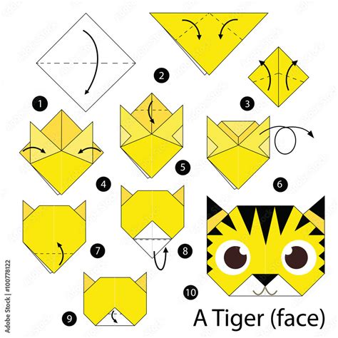 Step By Step Instructions How To Make Origami A Tiger Face Stock