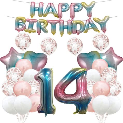 14th Birthday Balloon 14th Birthday Decorations Rainbow 14 Balloons Happy 14th Birthday Party