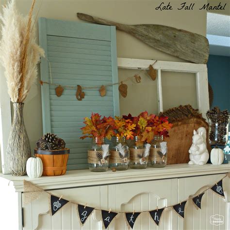 Late Fall Mantel With Diy Burlap And Feather Wrapped Mason