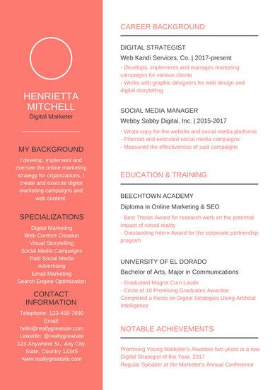 Using social media to market a company's products is the best way to ensure its success in the present if you are looking for a position in this capacity, the resume example below is right for you. Bright Social Media Manager Resume - Templates by Canva
