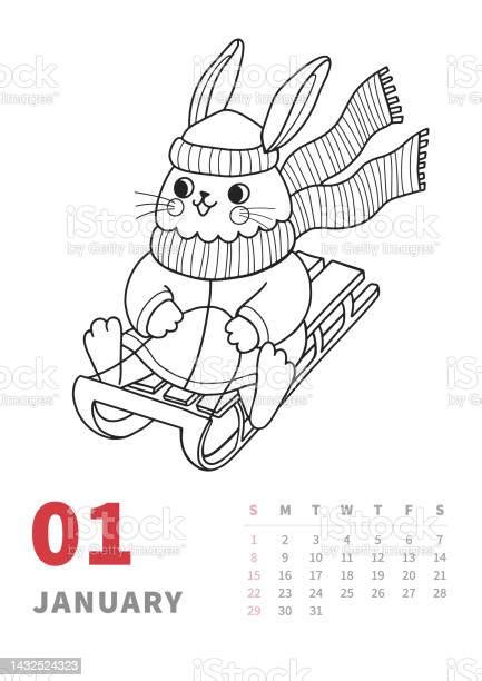 January 2023 Calendar Vertical Page Cute Bunny Sledding Down The Hill