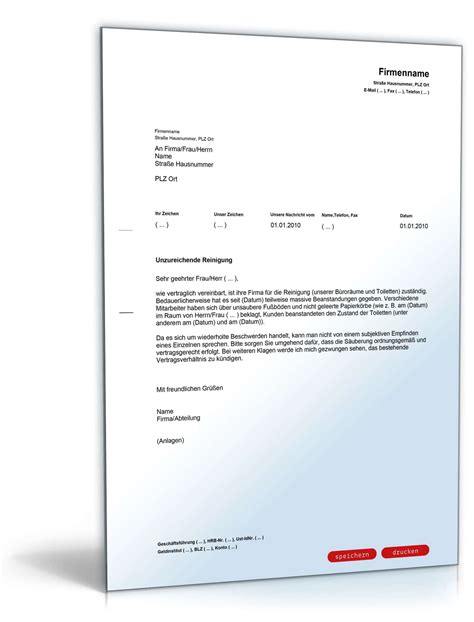 Musterbrief umschreibung vertrag / schenkungsvertrag auto muster als pdf doc zum download : Beanstandung an eine Reinigungsfirma - Muster-Vorlage zum Download