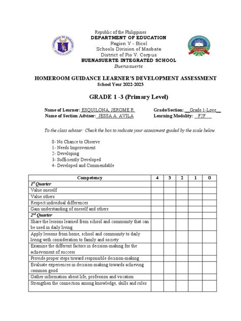 Homeroom Guidance Learners Development Assessment Grade 1 3 Pdf