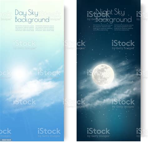 Two Contrasting Sky Banners Day And Night Vector Stock Illustration