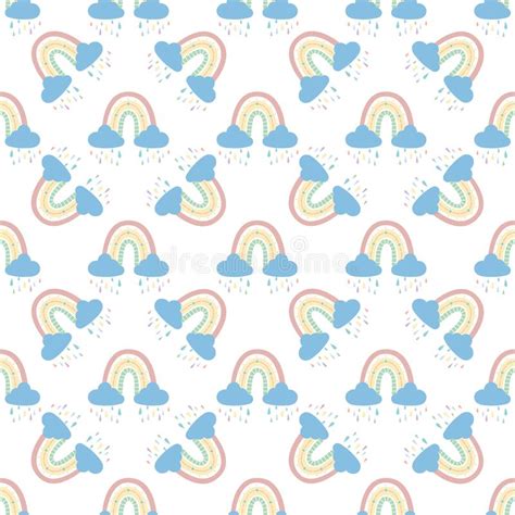 Rainbow With Clouds And Hearts Seamless Pattern Stock Vector