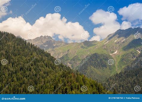 Sunlit Green Mountain Valley With Forest Against Mountain Range Under
