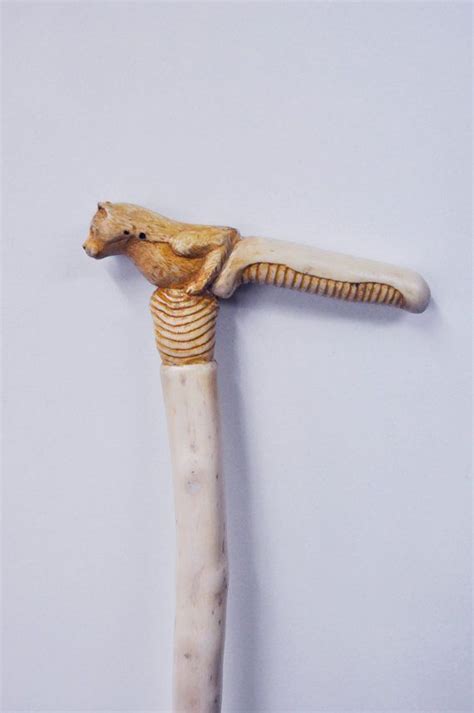 Hand Carved Wooden Cane By Cornel Tree With Cat Grip One Of A Wooden