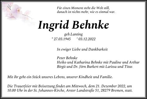 Traueranzeigen Von Ingrid Behnke Trauer And Gedenken