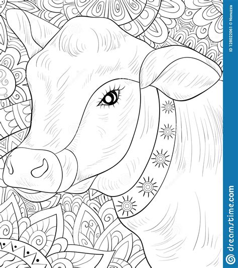 Adult Coloring Bookpage A Cute Cow Image For Relaxing Stock Vector