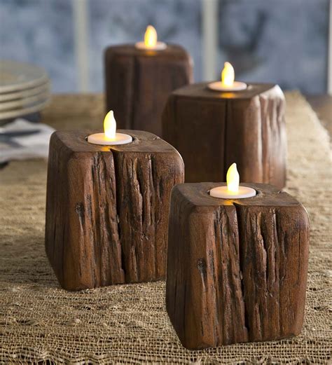Wood Block Tea Light Holders Set Of 4 Decorative Accents Tea