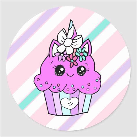 Cute Cartoon Whimsical Purple Unicorn Cupcake Classic Round Sticker