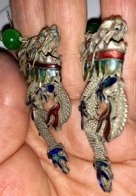 Chinese Enameled Dragon Earrings Asian Dragon Dangling Etsy