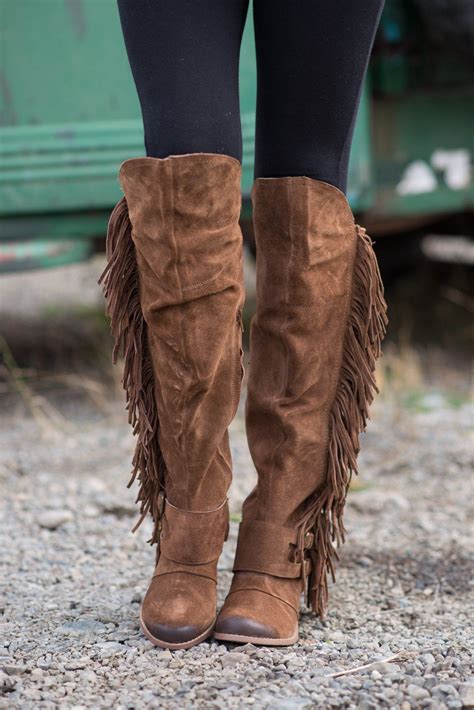 Fearlessly Free Knee High Suede Fringe Boots-TAN | Suede fringe boots, Boots, Fringe boots