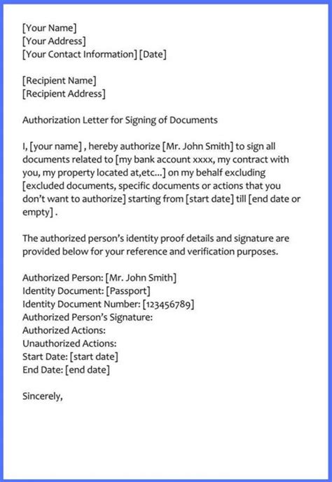 Sample Of Authorization Letter For Signing Documents Template