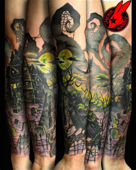 graveyard crow evil sleeve tattoo by jackie rabbit halloween tattoos sleeve spooky tattoos