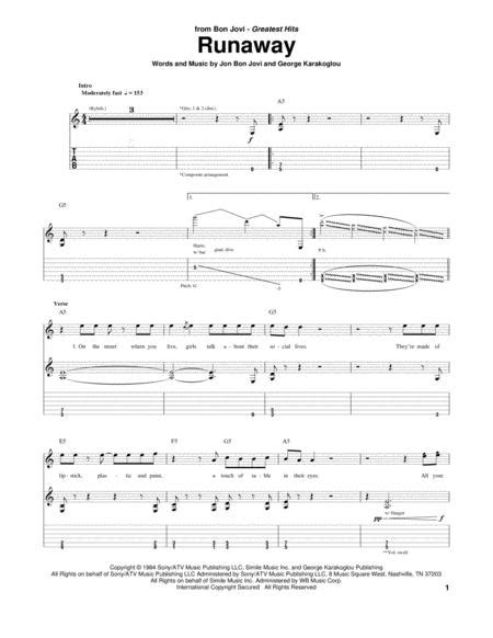Runaway By Bon Jovi Jon Bon Jovi Digital Sheet Music For Guitar TAB