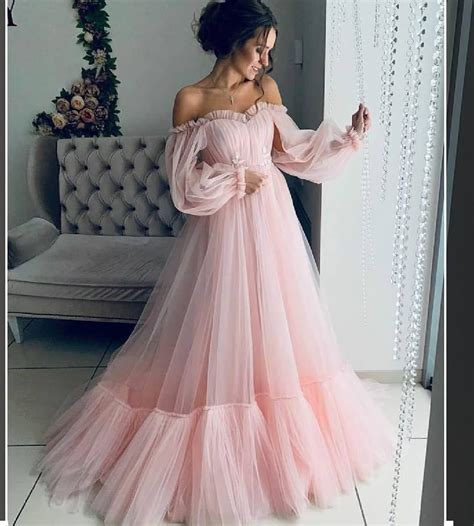 Pink Tulle Off The Shoulder Puffy Applique Sleeves Long Prom Dress Hot