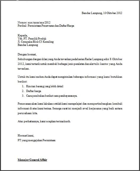 Surat penawaran yang ditulis dengan baik dapat menggerakkan para pembacanya untuk melanjutkan negosiasi atau menjalin kerja sama. Surat Permintaan - Contoh Surat Indonesia