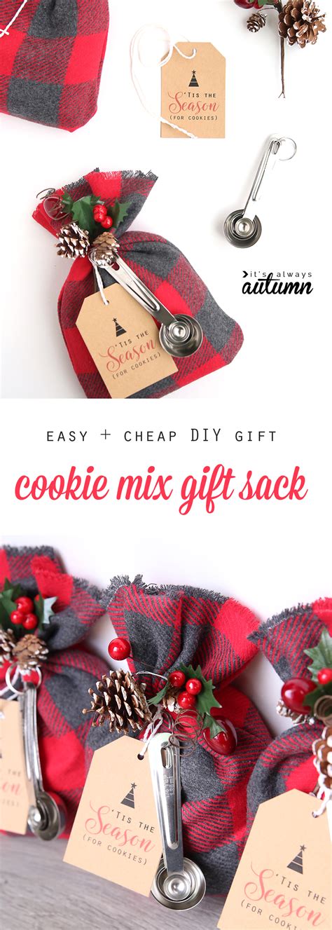 Purchase a bunch of ornaments such as a snowflake and attach an item like a lipstick from the dollar store. cookie mix gift sack | easy DIY Christmas gift idea - It's ...