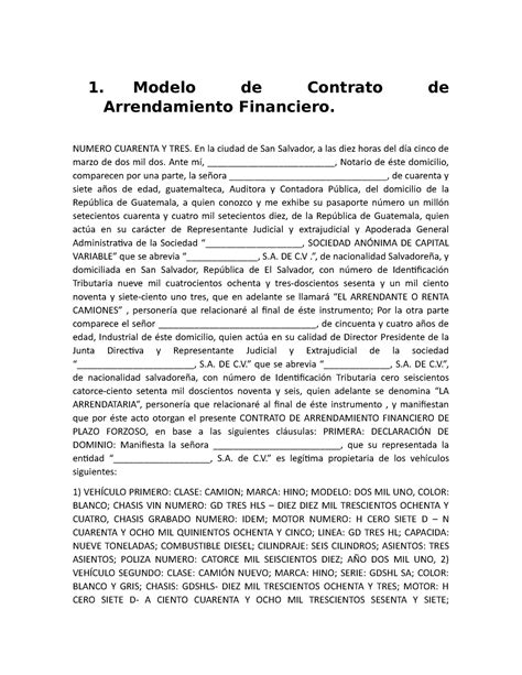 Modelo De Contrato De Arrendamiento Financiero Modelo De Contrato De Arrendamiento