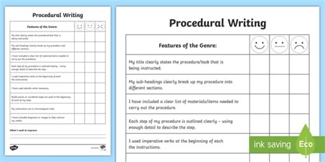 Procedural Writing Self Assessment Worksheet