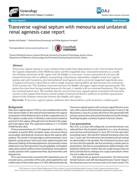 Transverse Vaginal Septum With Menouria And Unilateral Renal Agenesis