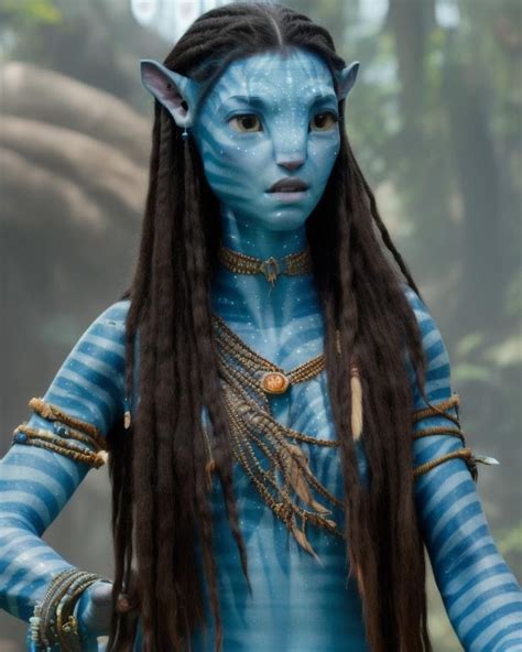 A Woman With Long Hair And Blue Makeup Is Dressed As Avatar From The