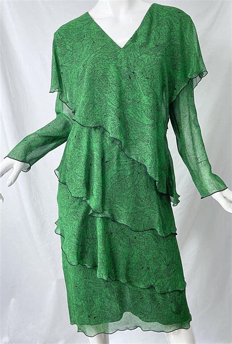 1970s Holly’s Harp Green Leaf Print Silk Chiffon Tiered Vintage 70s Dress Vintage Dress 70s