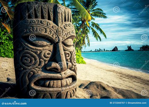 Ancient Stone Idols Tiki Mask On Beach On Exotic Island Stock Image