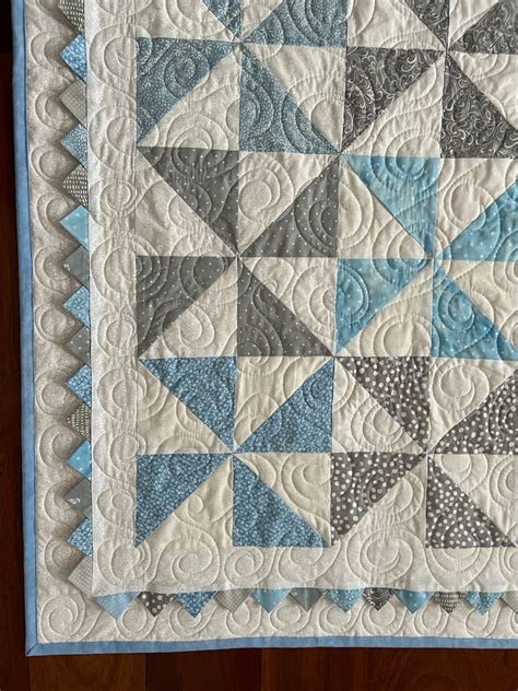 Baby Boy Pinwheel Quilt With Prairie Points With Baby Elephants Backing